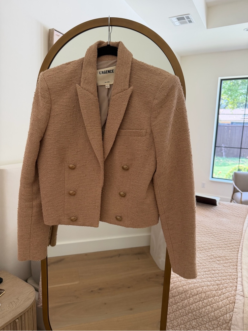 L'AGENCE Double-Breasted Cropped Tweed Blazer in Warm Beige